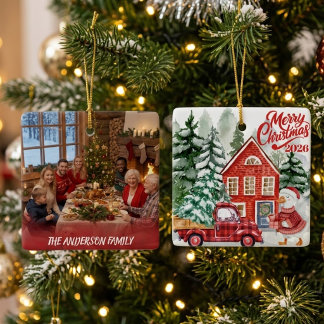 Custom Year Red Truck Christmas Family Photo Keramisch Ornament