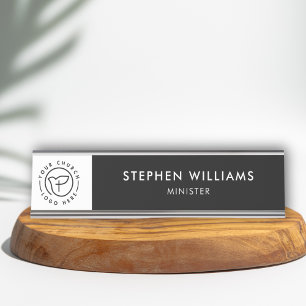 Custom Your Church Logo Minister Zwart en Wit Bureau Naambordje