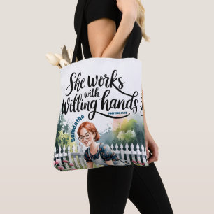 Custom Ze werkt met gewillige handen Christelijk Tote Bag