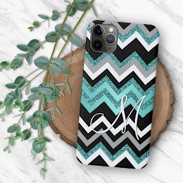 Custom Zwart Blauw Turquoise Zilver Zigzag Patroon iPhone 15 Mini Hoesje