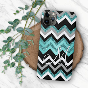 Custom Zwart Blauw Turquoise Zilver Zigzag Patroon iPhone 15 Mini Hoesje