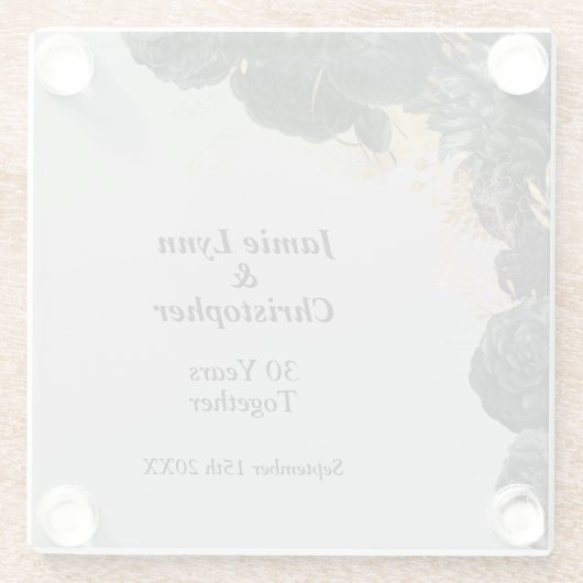 Custom Zwart Bloemen Bruiloft Jubileum Glazen Onderzetter (Achterkant)