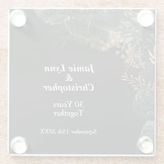 Custom Zwart Bloemen Bruiloft Jubileum Glazen Onderzetter (Achterkant)