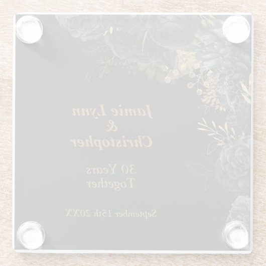 Custom Zwart Bloemen Bruiloft Jubileum Glazen Onderzetter (Achterkant)