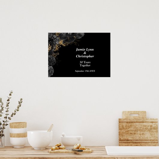 Custom Zwart Bloemen Bruiloft Jubileum Poster (Keuken)