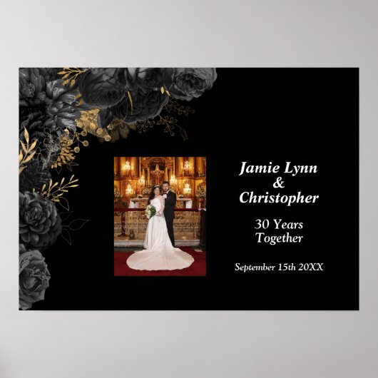 Custom Zwart Bloemen Bruiloft Jubileum Poster (Voorkant)