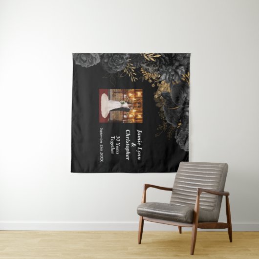 Custom Zwart Bloemen Bruiloft Jubileum Tapestry Wandkleed (In Situ (horizontaal))