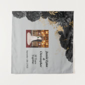 Custom Zwart Bloemen Bruiloft Jubileum Tapestry Wandkleed (Voorkant (horizontaal))