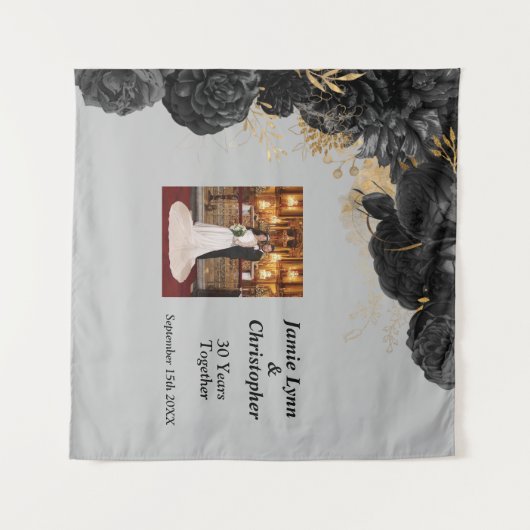 Custom Zwart Bloemen Bruiloft Jubileum Tapestry Wandkleed (Voorkant (horizontaal))