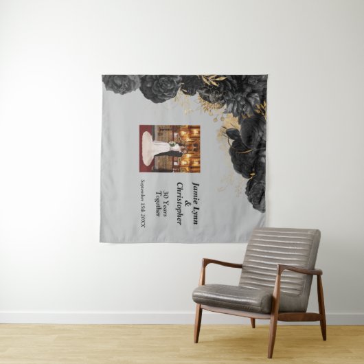Custom Zwart Bloemen Bruiloft Jubileum Tapestry Wandkleed (In Situ (horizontaal))