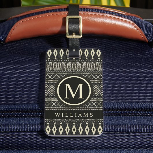 Custom Zwart Cream Wit Grijs Aztec Patroon Bagagelabel (Voorkant Insitu 2)