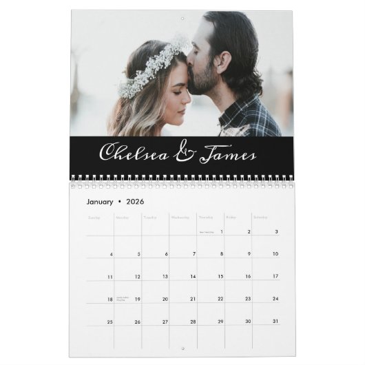 Custom Zwart Elegant Kalligrafie Paar Foto Kalender (Jan 2026)