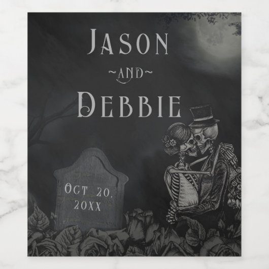 Custom Zwart en Grijs Bloemen Gotische Bruiloft Wijn Etiket (Enkel label)