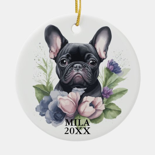 Custom Zwart Frenchie Pug Dog Waterverf Kerst Keramisch Ornament (Voorkant)