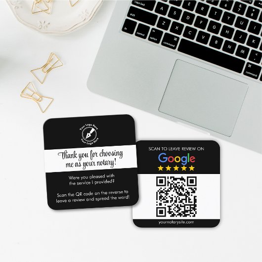 Custom Zwart Google Review QR Code Bedankt Notaris Vierkante Visitekaartje