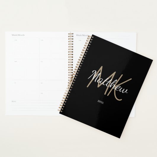 Custom Zwart Goud Monogram Initiaal Naam Minimalis Planner (Display)