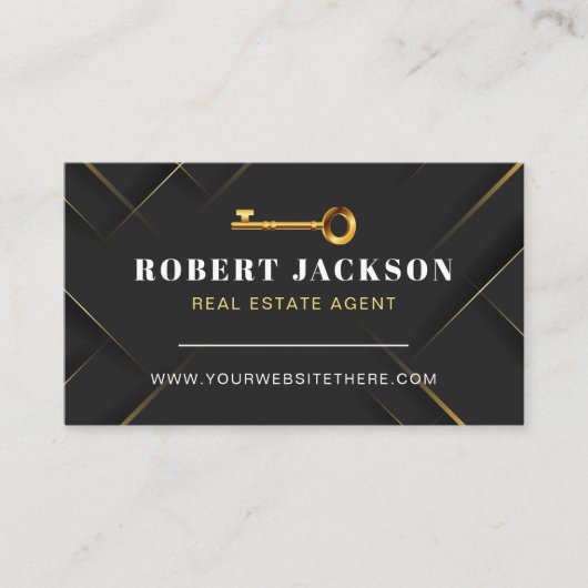 Custom Zwart + Gouden sleutel Realtors Luxe Modern Visitekaartje (Voorkant)