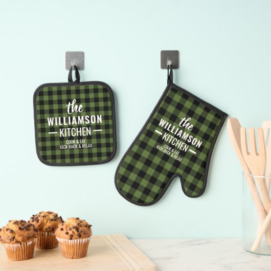 Custom Zwart Groen Buffel Lumberjack Plaid Ovenwant & Pannenlap Set (Insitu(Ophanging))