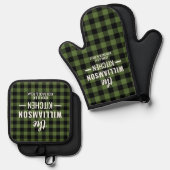 Custom Zwart Groen Buffel Lumberjack Plaid Ovenwant & Pannenlap Set (Voorkant / Achterkant)