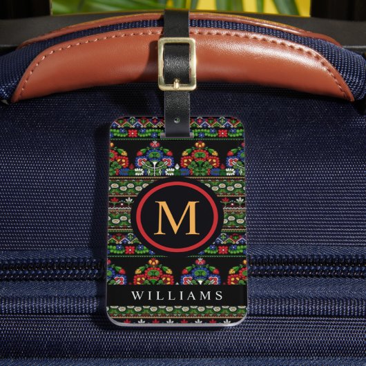 Custom Zwart Groen Rood Blauw Aztec Patroon Bagagelabel (Voorkant Insitu 2)