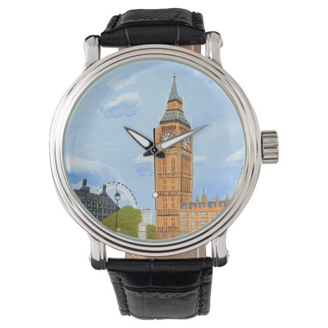 Custom Zwart  Leather Big Ben Horloge (Voorkant)