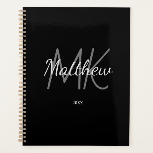 Custom Zwart Monogram Initiaal Naam Minimalistisch Planner (Voorkant)