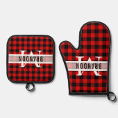Custom Zwart Rood Buffel Lumberjack Plaid Patroon Ovenwant & Pannenlap Set (Voorkant)