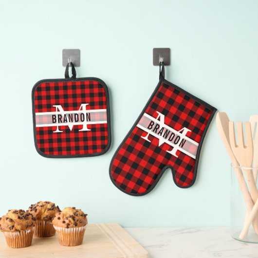 Custom Zwart Rood Buffel Lumberjack Plaid Patroon Ovenwant & Pannenlap Set (Insitu(Ophanging))