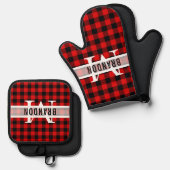 Custom Zwart Rood Buffel Lumberjack Plaid Patroon Ovenwant & Pannenlap Set (Voorkant / Achterkant)