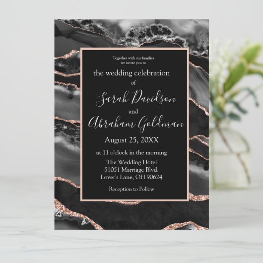 Custom Zwart Roos Gouden Folie Agaat Bruiloft Kaart (Staand voorkant)