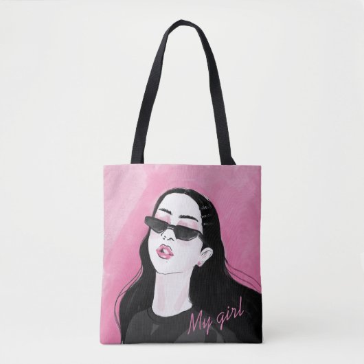 Custom Zwart Roze Modern Meisje Grafisch Gedrukt Tote Bag (Voorkant)