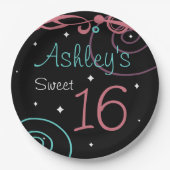 Custom Zwart Sweet 16 Verjaardagsfeestje Borden Papieren Bordje (Voorkant)