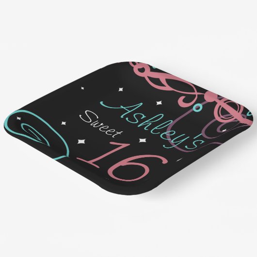 Custom Zwart Sweet 16 Verjaardagsfeestje Borden Papieren Bordje (Gebogen)