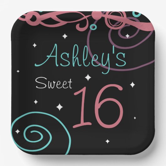 Custom Zwart Sweet 16 Verjaardagsfeestje Borden Papieren Bordje (Voorkant)