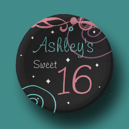 Custom Zwart Sweet 16 Verjaardagsfeestje Borden Papieren Kommen