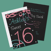 Custom Zwart Sweet 16 Verjaardagsfeestuitnodiginge Kaart