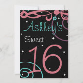Custom Zwart Sweet 16 Verjaardagsfeestuitnodiginge Kaart (Voorkant)