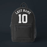 Custom Zwart Wit Achternaam Sport Jersey Nummer Bedrukte Rugzak<br><div class="desc">Op maat ontworpen sportjersey rugzak in houtskool zwart met opvallende witte belettering en vetgedrukte zwarte schaduwdetails voor uw achternaam en gekozen nummer. Deze gepersonaliseerde rugzak is een must-have voor sportliefhebbers en voegt een vleugje individualiteit toe aan uw collectie. Gemaakt met duurzaamheid in het achterhoofd, zorgt het voor langdurige prestaties en...</div>
