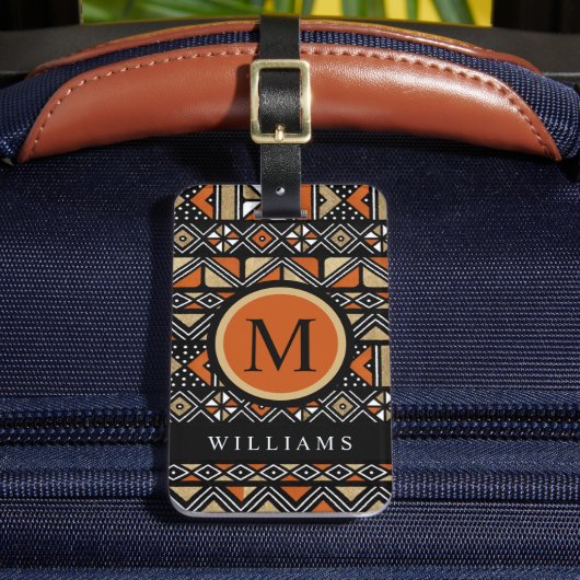 Custom Zwart Wit Goud Sinaasappel Aztec Patroon Bagagelabel (Voorkant Insitu 2)