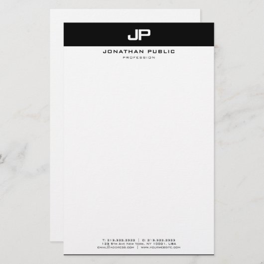 Custom Zwart Wit Moderne Minimalistische Sjabloon Briefpapier (Voorkant / Achterkant)