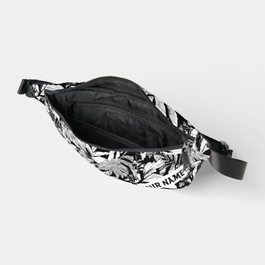 Custom Zwart Wit Moderne Tropische Bladeren Gedruk Heuptasje (Open)