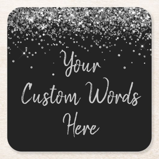 Custom Zwart Zilver Verjaardagsfeestje Glitter Kartonnen Onderzetters (Voorkant)