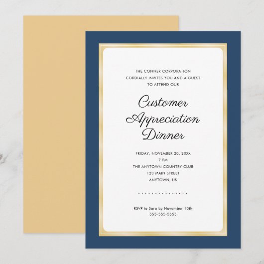 Customer Appreciation Dinner | Navy blauw en goud Kaart (Voorkant / Achterkant)