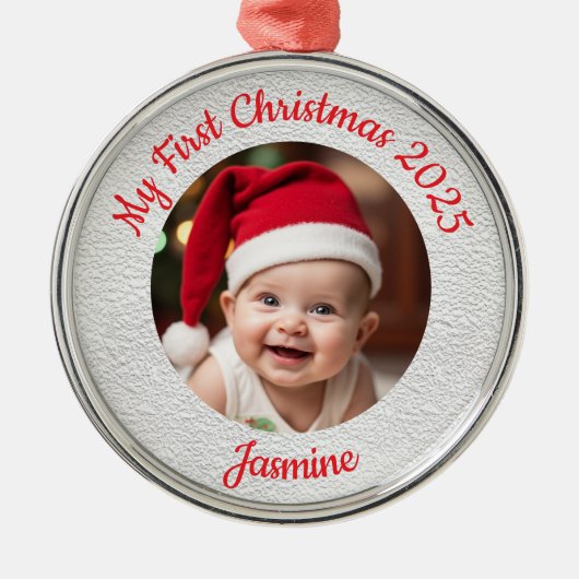 Customisable Baby's First Christmas Premium Round Metalen Ornament (Voorkant)