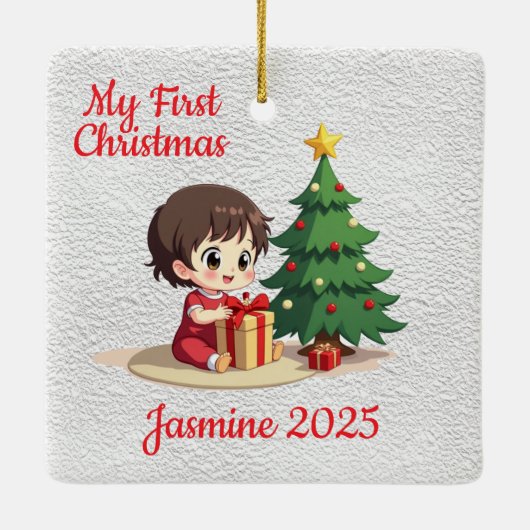 Customisable Baby's First Christmas Square Keramisch Ornament (Achterkant)