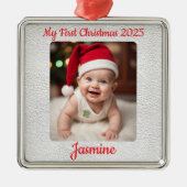 Customisable Baby's First Christmas Square Metalen Ornament (Voorkant)