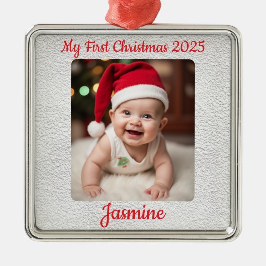 Customisable Baby's First Christmas Square Metalen Ornament (Voorkant)