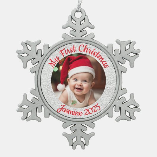 Customisable Baby's First Christmas Tin Sneeuwvlok Ornament (Voorkant)