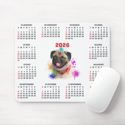 Customisable Cute Pug Dog Calendar  Muismat (Met muis)