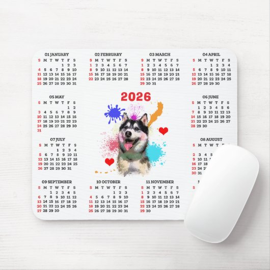 Customisable Cute Siberian Husky Dog Calendar Muismat (Met muis)